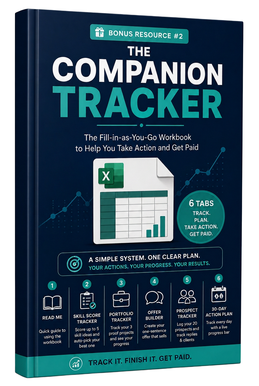3D mockup of Bonus Resource #2, The Companion Tracker: a fill-in-as-you-go workbook with six tabs to track progress