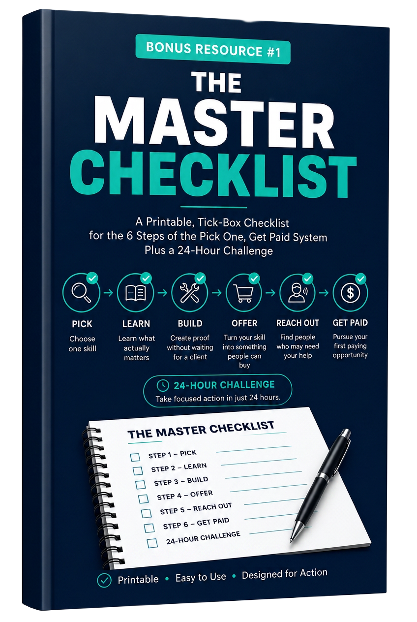 3D mockup of Bonus Resource #1, The Master Checklist: a printable tick-box checklist for the six steps of the Pick One, Get Paid system